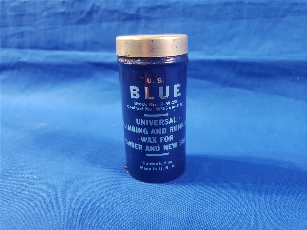 SKI WAX BLUE 1950s KOREAN WAR. Unissued can was issued to the troops in the mountains of Korea for their skis and shoes. This helped them to climb and walk or run in the newer powder snow. Great for the mountain troops