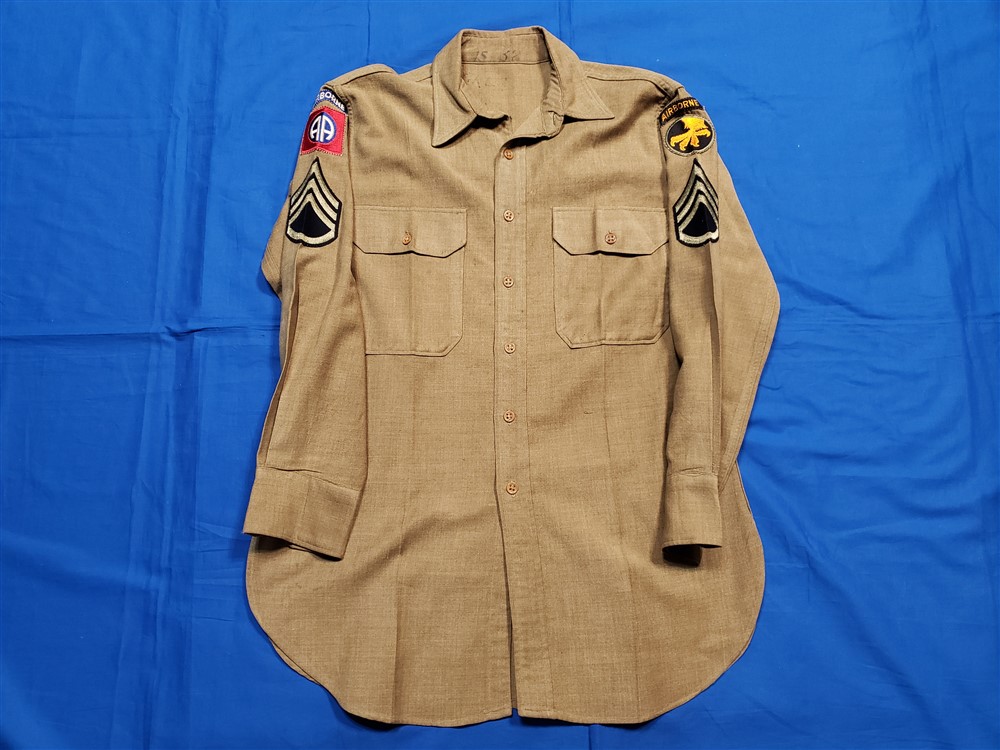 shirt-wwii-82nd-17th-airborne-ab-wool-size-15-buttons-light-use-and hole-stripes-on-sleeve
