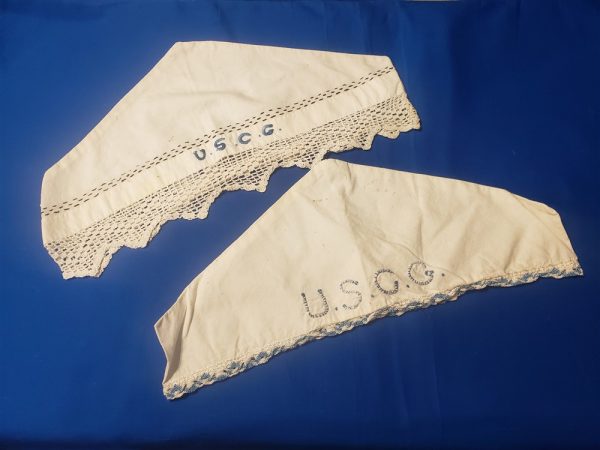 cap-hat-cover-uscg-spars-woman-wwii-white-lace-trim-embroidered-pair