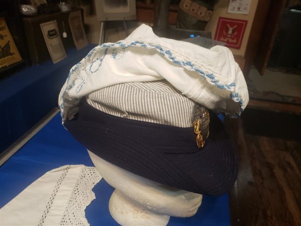 cap-hat-cover-uscg-spars-woman-wwii-white-lace-trim-embroidered-pair