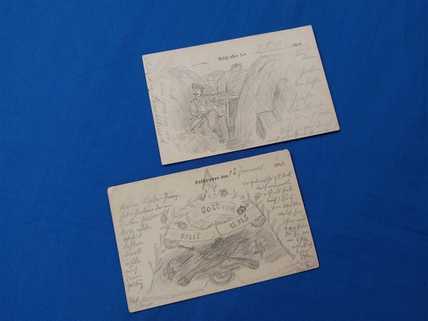 post-card-drawing-german world-war-one-german-field-post-cards-with-drawings-of-trenches-and-helmet-perconal-notes-on-the-back-wwi