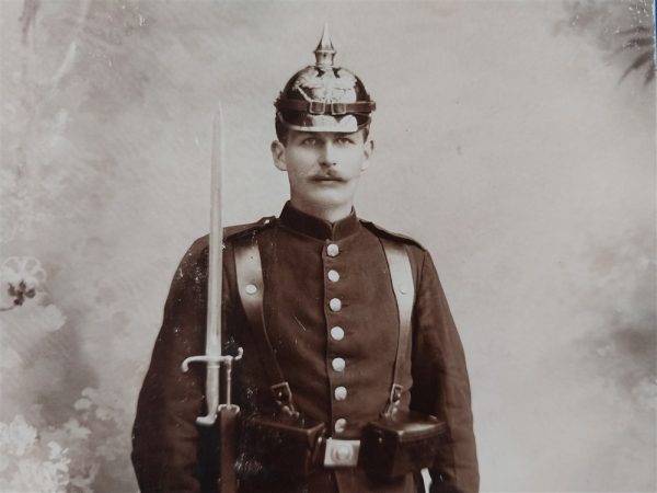 german-real-picture-post-card-of-infantry-man-early-brass-helmet-parts-early-rifle-rppc-dress-5
