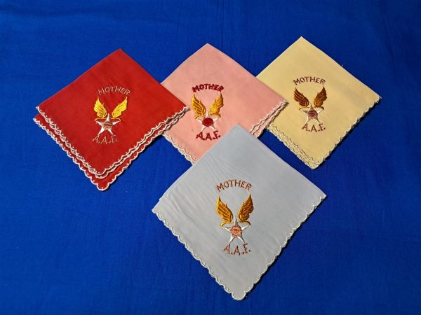 hankerchief-aaf-set world-war-two-set-of-4-hand-ker-chiefs-from-the-army-air-corps-mother-embroidered-sweetheart-different-colors