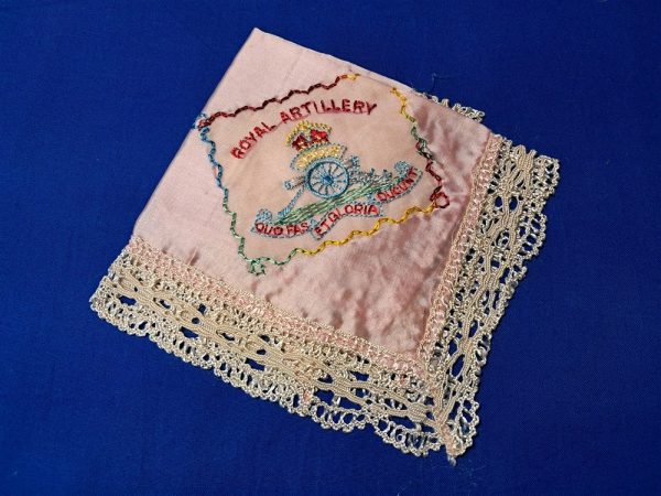 handkerchief-british-wwii world-war-two-british-sweetheart-handkerchief-homefront-silk-with-royal-artillery-insignia-hand-embroidered