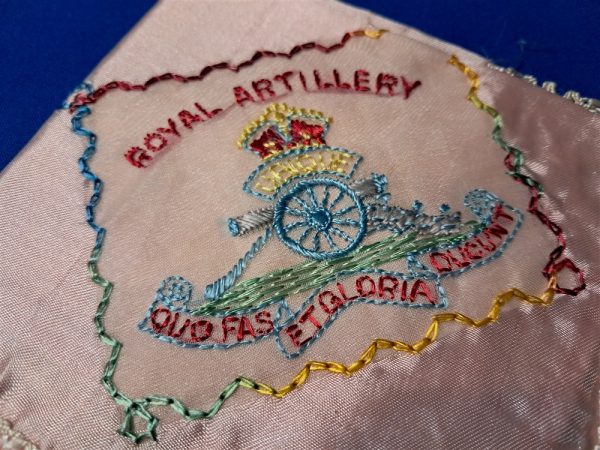 world-war-two-british-sweetheart-handkerchief-homefront-silk-with-royal-artillery-insignia-hand-embroidered