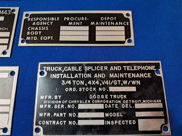 korean-and-vietnam-war-era-vehicle-dataplates-unissued-unstamped-original-set-of-13-ambulance-to-dump-truck