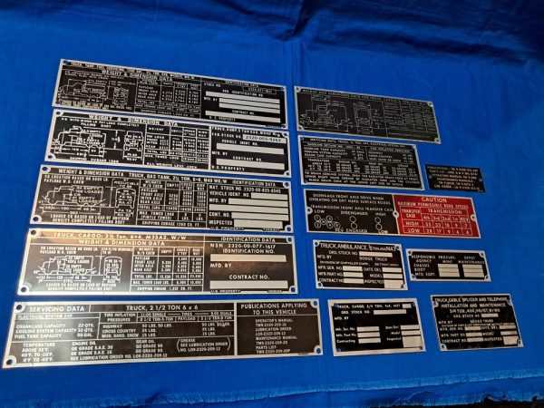korean-and-vietnam-war-era-vehicle-dataplates-unissued-unstamped-original-set-of-13-ambulance-to-dump-truck
