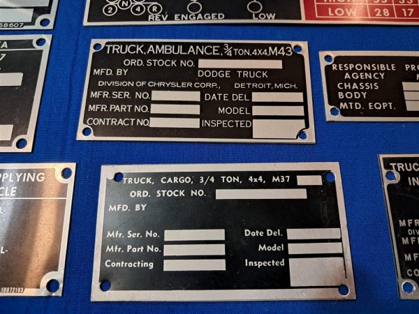 korean-and-vietnam-war-era-vehicle-dataplates-unissued-unstamped-original-set-of-13-ambulance-to-dump-truck