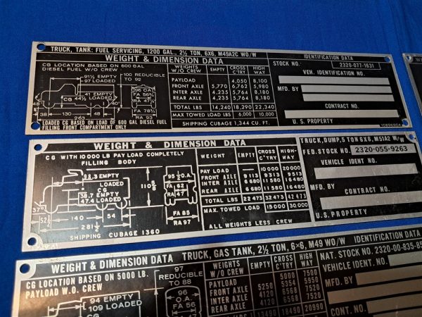 korean-and-vietnam-war-era-vehicle-dataplates-unissued-unstamped-original-set-of-13-ambulance-to-dump-truck