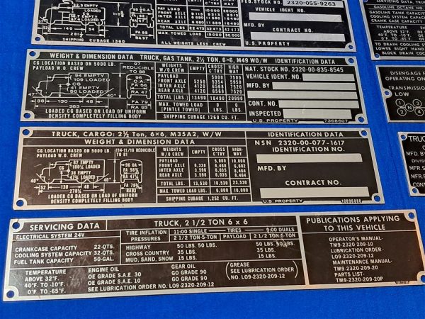 korean-and-vietnam-war-era-vehicle-dataplates-unissued-unstamped-original-set-of-13-ambulance-to-dump-truck