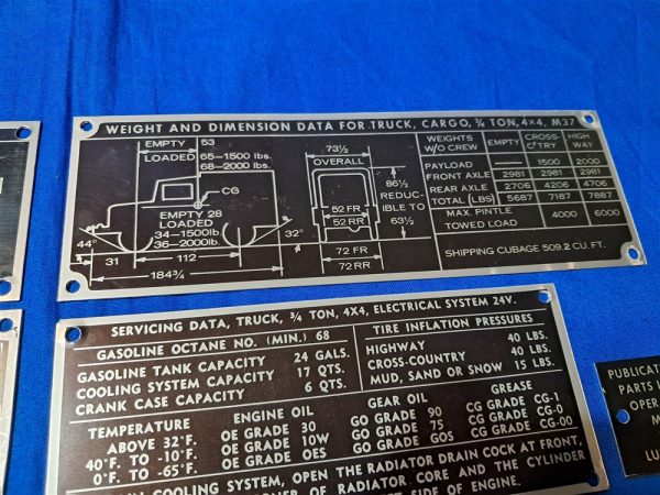 korean-and-vietnam-war-era-vehicle-dataplates-unissued-unstamped-original-set-of-13-ambulance-to-dump-truck