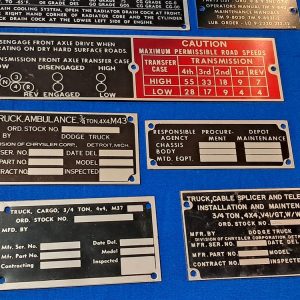korean-and-vietnam-war-era-vehicle-dataplates-unissued-unstamped-original-set-of-13-ambulance-to-dump-truck