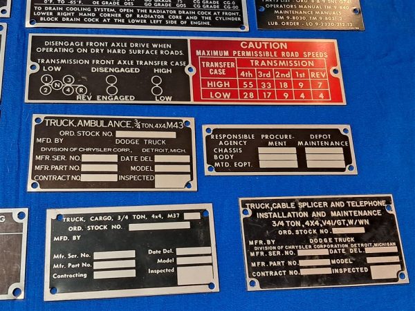 korean-and-vietnam-war-era-vehicle-dataplates-unissued-unstamped-original-set-of-13-ambulance-to-dump-truck