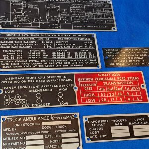 korean-and-vietnam-war-era-vehicle-dataplates-unissued-unstamped-original-set-of-13-ambulance-to-dump-truck