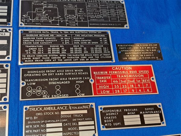 korean-and-vietnam-war-era-vehicle-dataplates-unissued-unstamped-original-set-of-13-ambulance-to-dump-truck