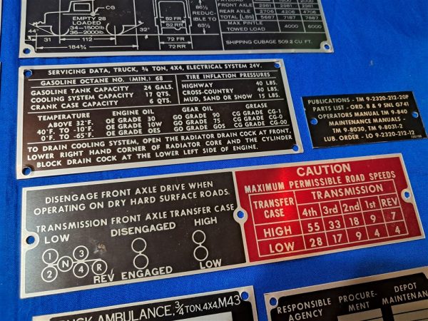 korean-and-vietnam-war-era-vehicle-dataplates-unissued-unstamped-original-set-of-13-ambulance-to-dump-truck