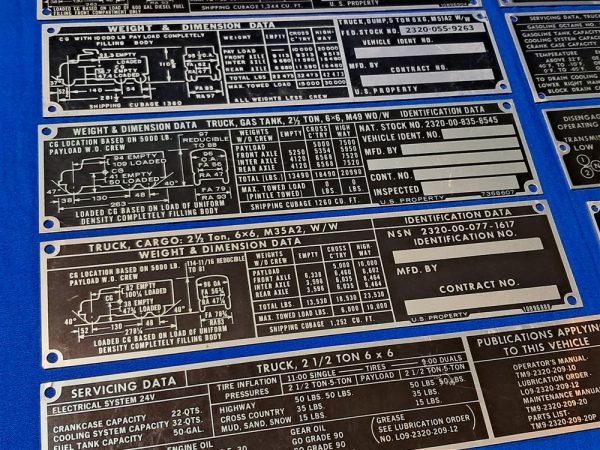 korean-and-vietnam-war-era-vehicle-dataplates-unissued-unstamped-original-set-of-13-ambulance-to-dump-truck