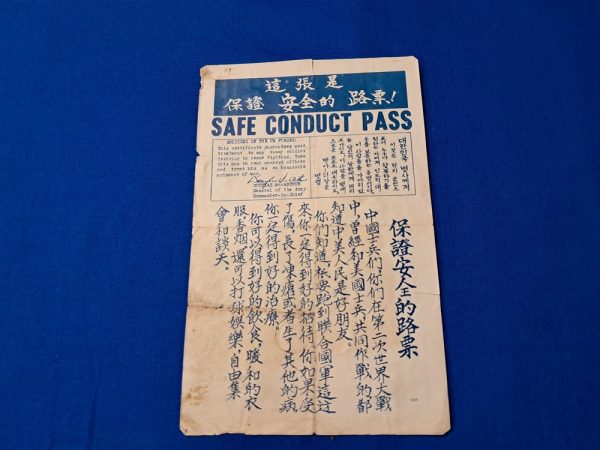 Korean-war-safe-conduct-pass-united-nations-printed-with-blue-ink-medium-size-dropped-to-enemy-troops