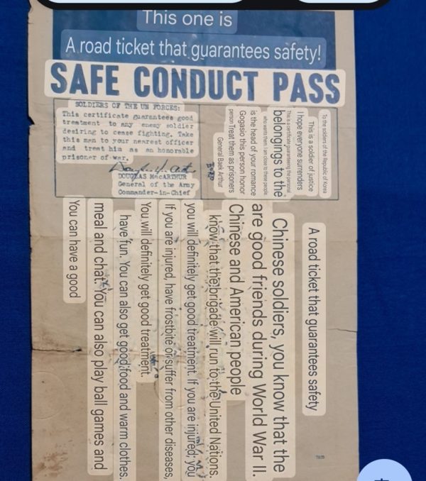 Korean-war-safe-conduct-pass-united-nations-printed-with-blue-ink-medium-size-dropped-to-enemy-troops