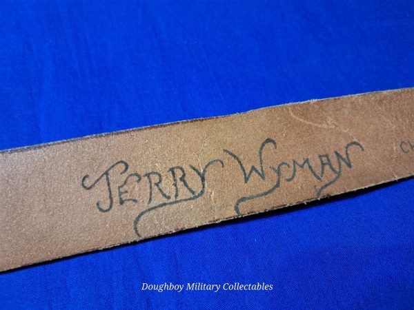 world-war-two-enlisted-dress-belt-leather-russet-m thirty-six-brass-buckle-named-unit-marked