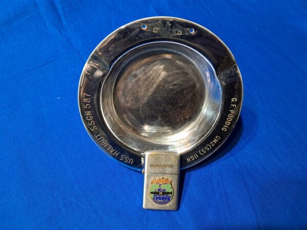uss-halibut-lighter vietnam-war-cold-war-uss-halibut-grouping-of-items-ashtray-and-penguin-cigarete-starter-1960-to-1965-excellent-condition-named