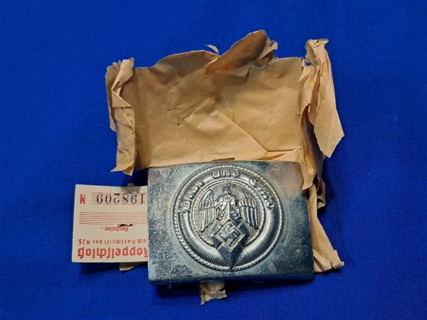 hitler-youth-buckle german-world-war-two-hitler-youth-belt-face-steel-construction-with-silvered-finish-not-painted-rzm-maker-code-4-30-berg-nolte-mint-in-wrapper-with-tag