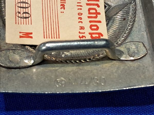 german-world-war-two-hitler-youth-belt-face-steel-construction-with-silvered-finish-not-painted-rzm-maker-code-4-30-berg-nolte-mint-in-wrapper-with-tag
