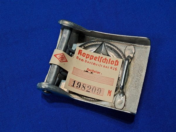 german-world-war-two-hitler-youth-belt-face-steel-construction-with-silvered-finish-not-painted-rzm-maker-code-4-30-berg-nolte-mint-in-wrapper-with-tag