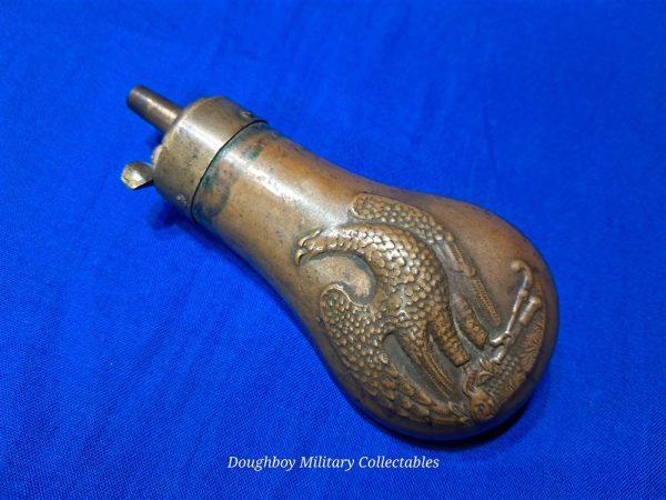 civil-war-era-or-earlier-small=pocket-pistol-powder-flask-copper-and-brass-excellent-no-damage-condition