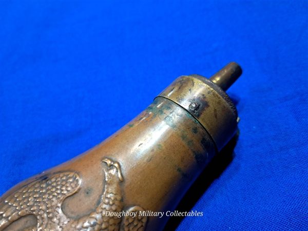 civil-war-era-or-earlier-small=pocket-pistol-powder-flask-copper-and-brass-excellent-no-damage-condition